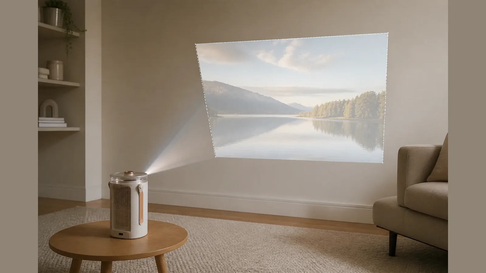 Projector image showing trapezoid distortion corrected with digital keystone on a plain wall