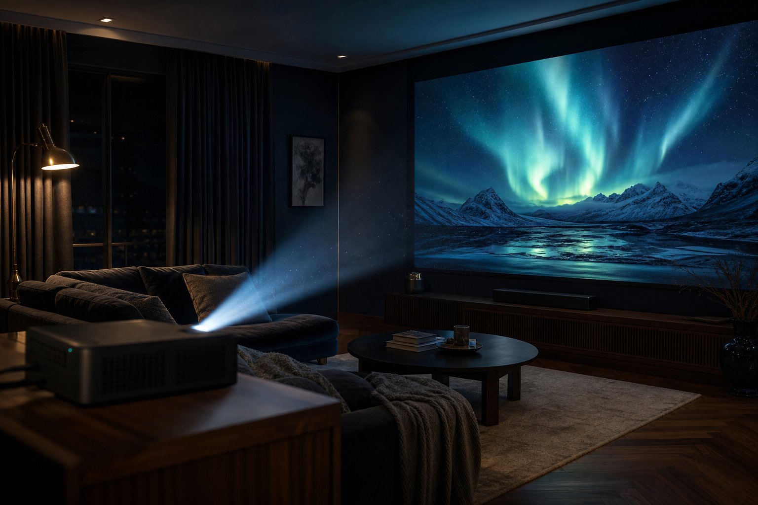 Premium UK living room at night with a projector under £500 casting a huge 100-inch aurora image on the wall