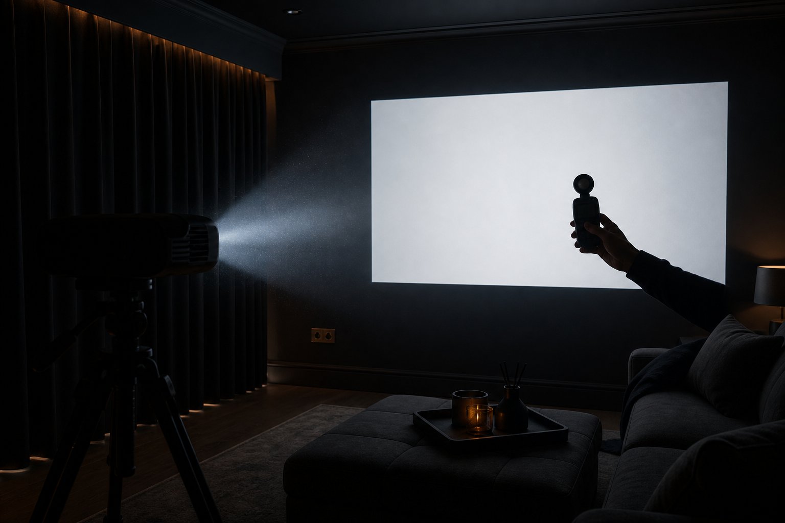 Hand-held light meter silhouetted against a white projector test field, showing how many ANSI lumens you need
