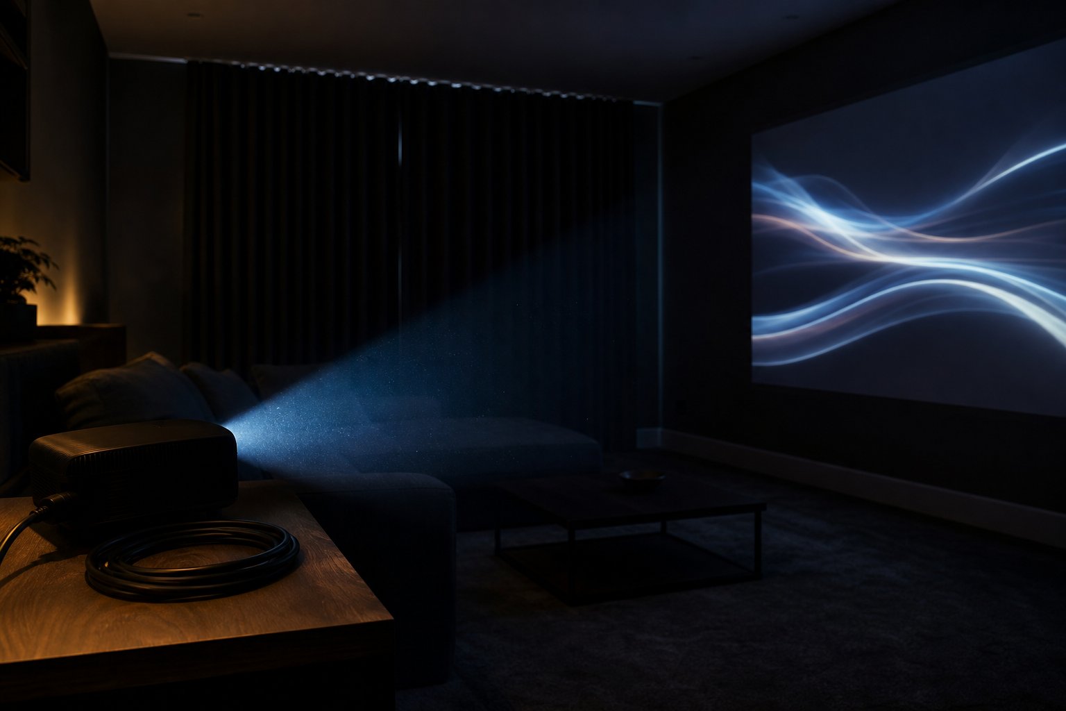 Projector beam crossing a dark UK living room onto abstract light ribbons, showing what is 4k decoding projector tech