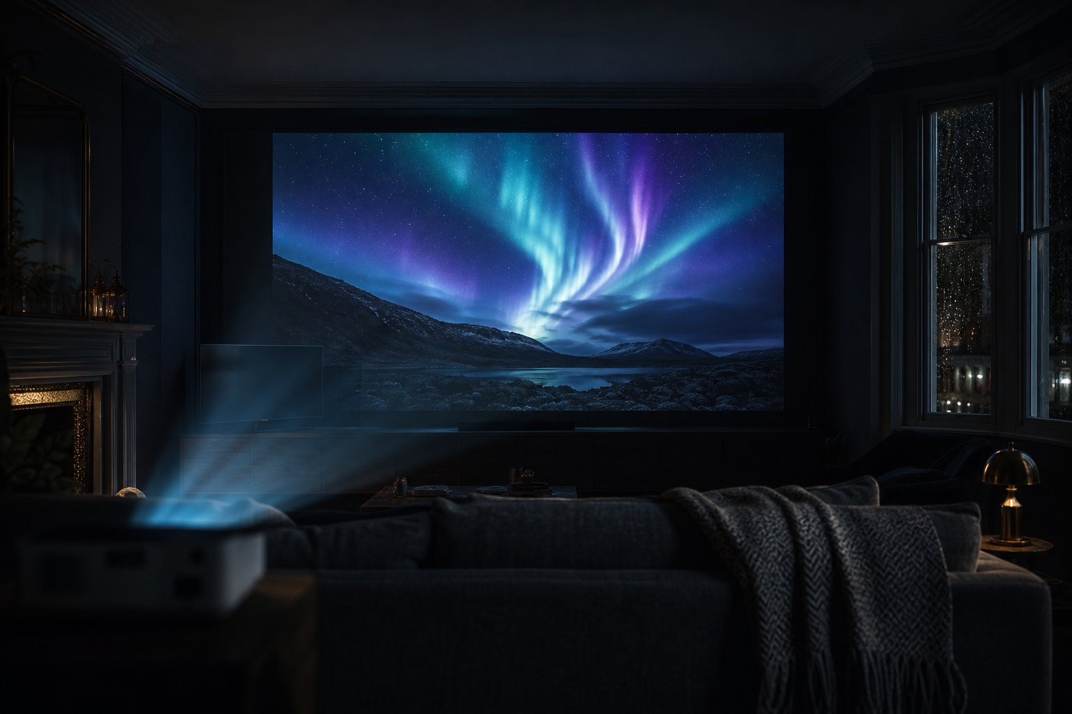 Projector vs TV in a dark UK living room, huge aurora image dwarfing a switched-off 65-inch television