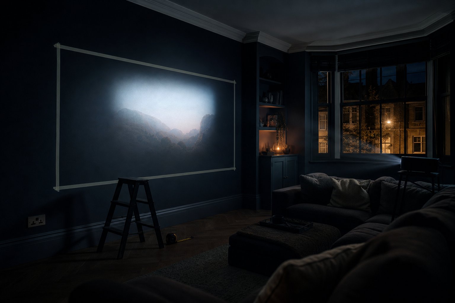 Masking-tape 16:9 outline glowing on a navy wall, planning a 100 inch home cinema small room setup in the UK