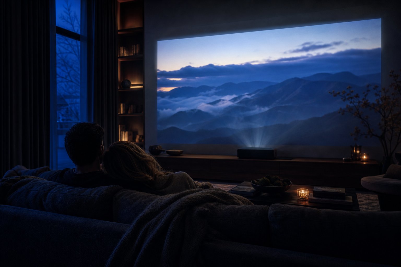 Couple watching a projected dusk ridgeline as twilight edges the curtains, projector light evenings spring