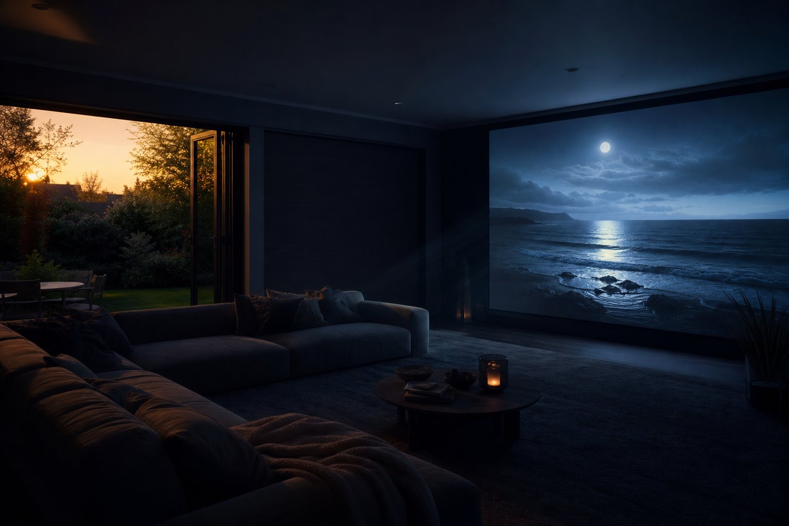 Half-blinded bifold doors against a dark ocean projection wall, the honest fix when a projector is too dim in daylight