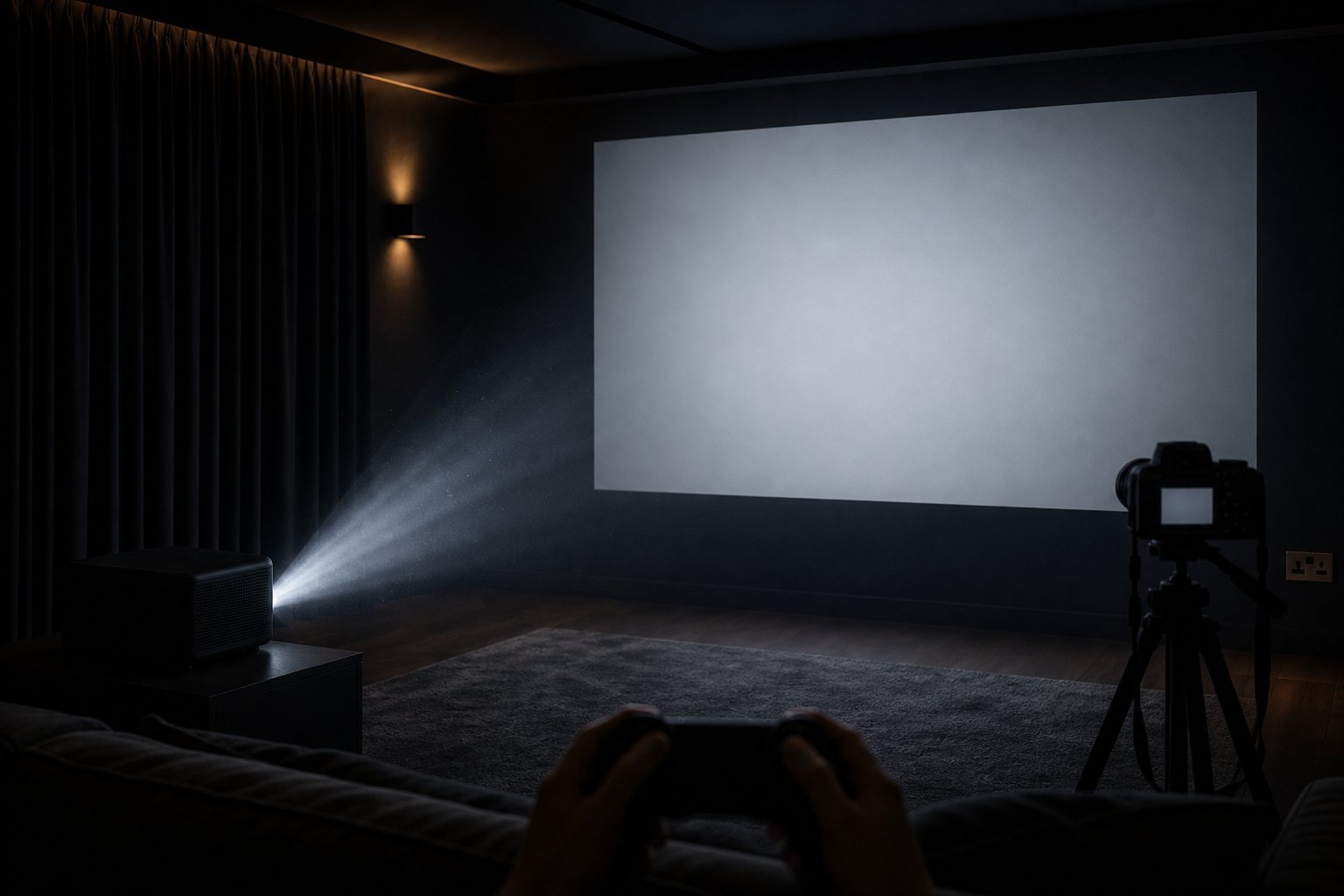 Hands holding a game controller before a blank test projection wall during a projector input lag test in a dark UK room