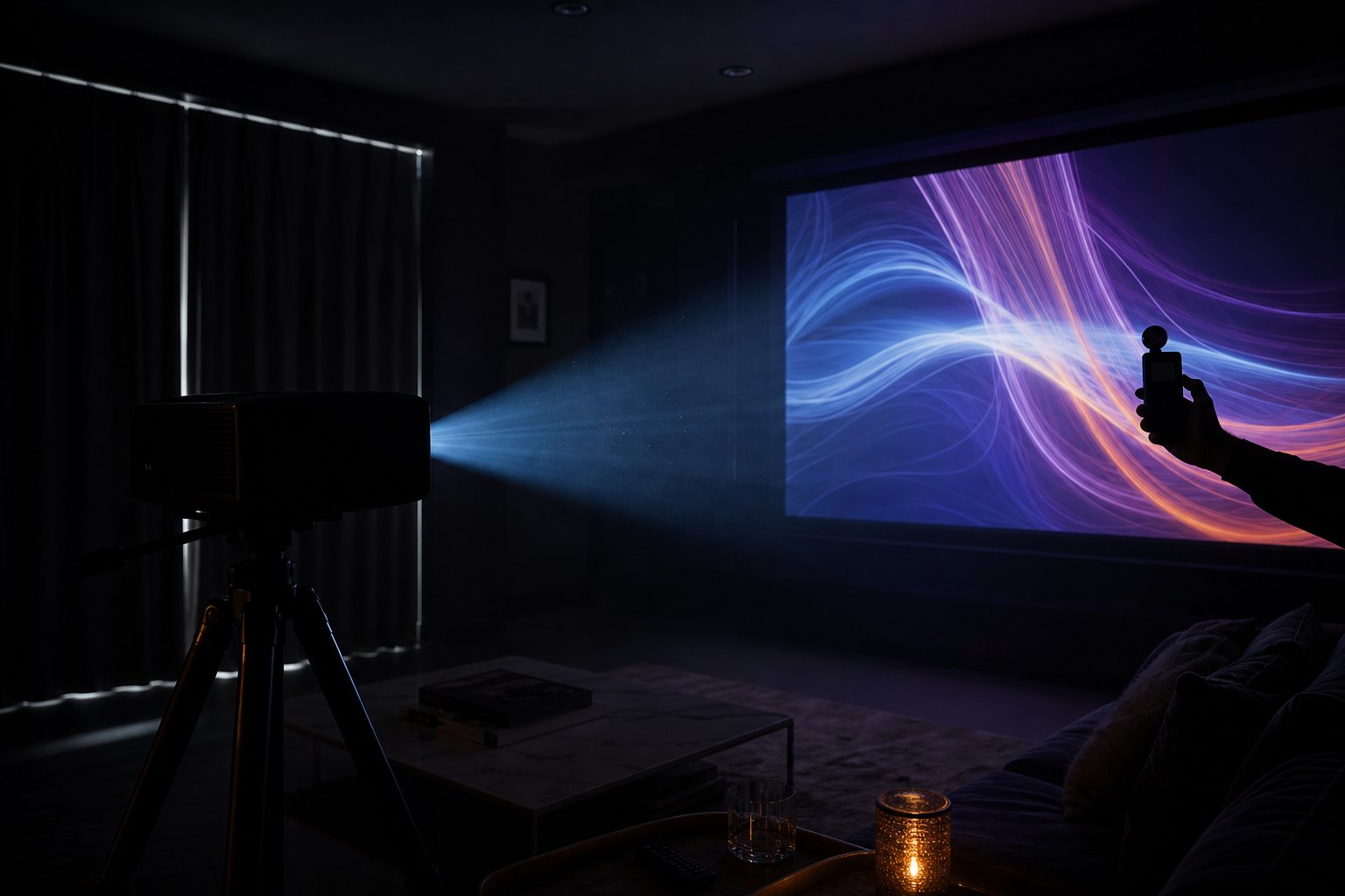 Dark, low-key UK home-cinema lit only by a single projector beam, showing colour vs white brightness on screen