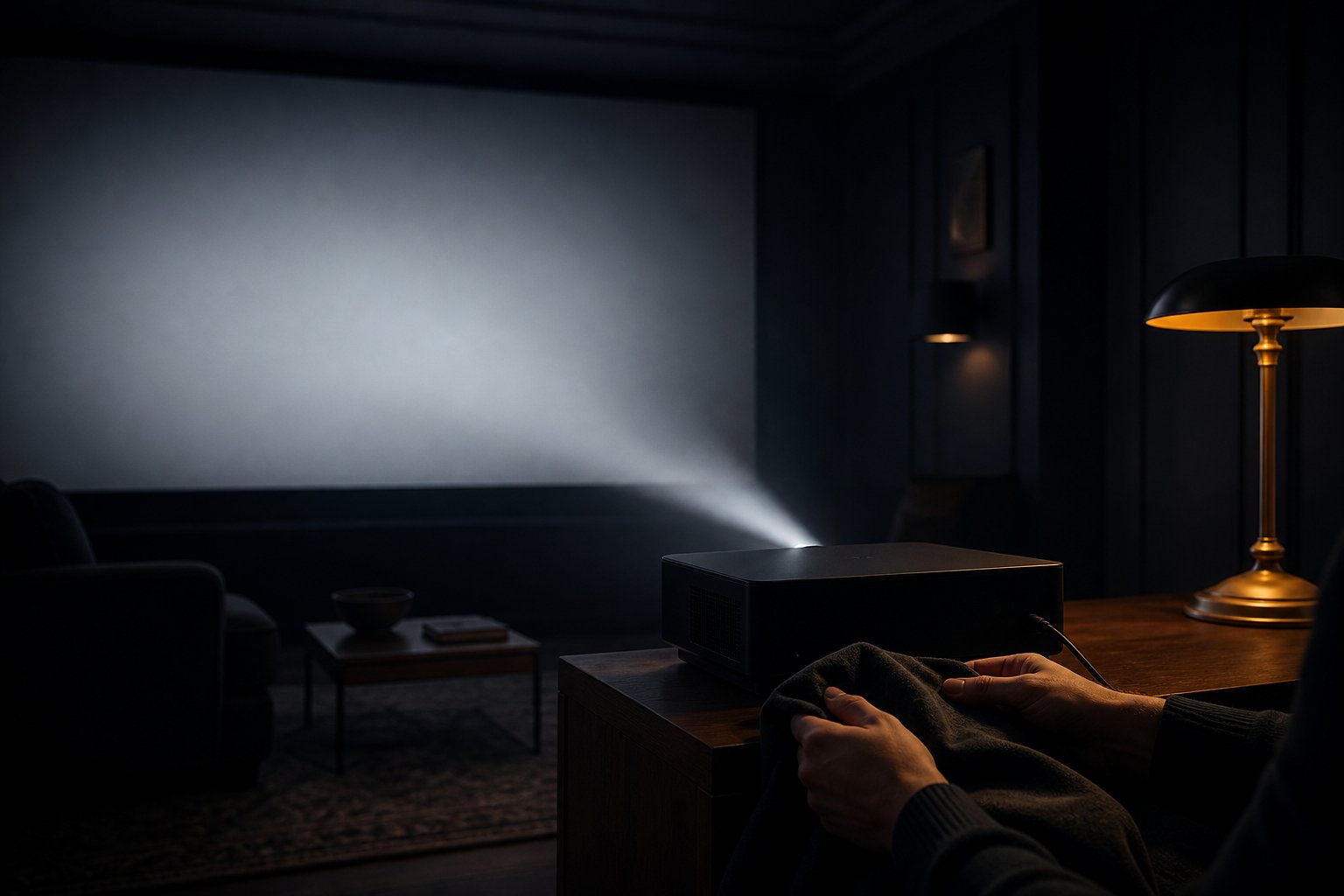 Dark, premium UK home cinema lit by a single projector beam; a guide to checking projector reviews are genuine.