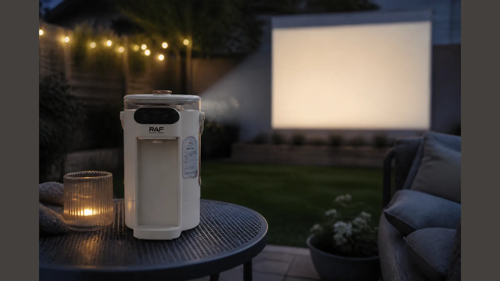 UK garden cinema after dusk with a projector aimed at a pale wall