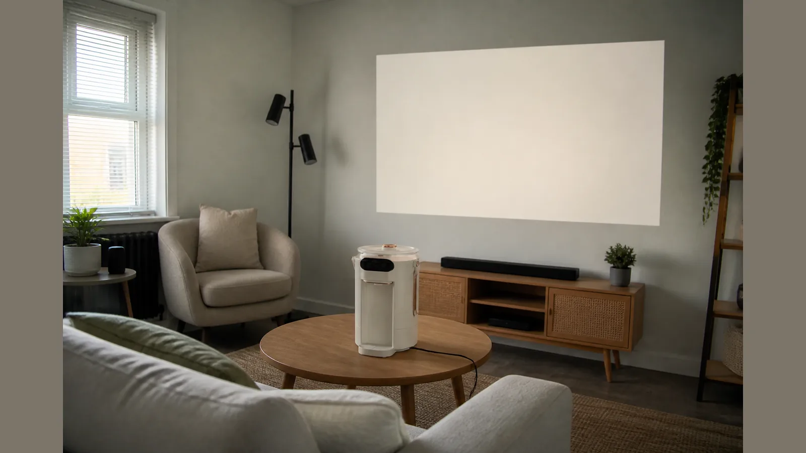 No-drill projector setup on a coffee table in a rented UK flat
