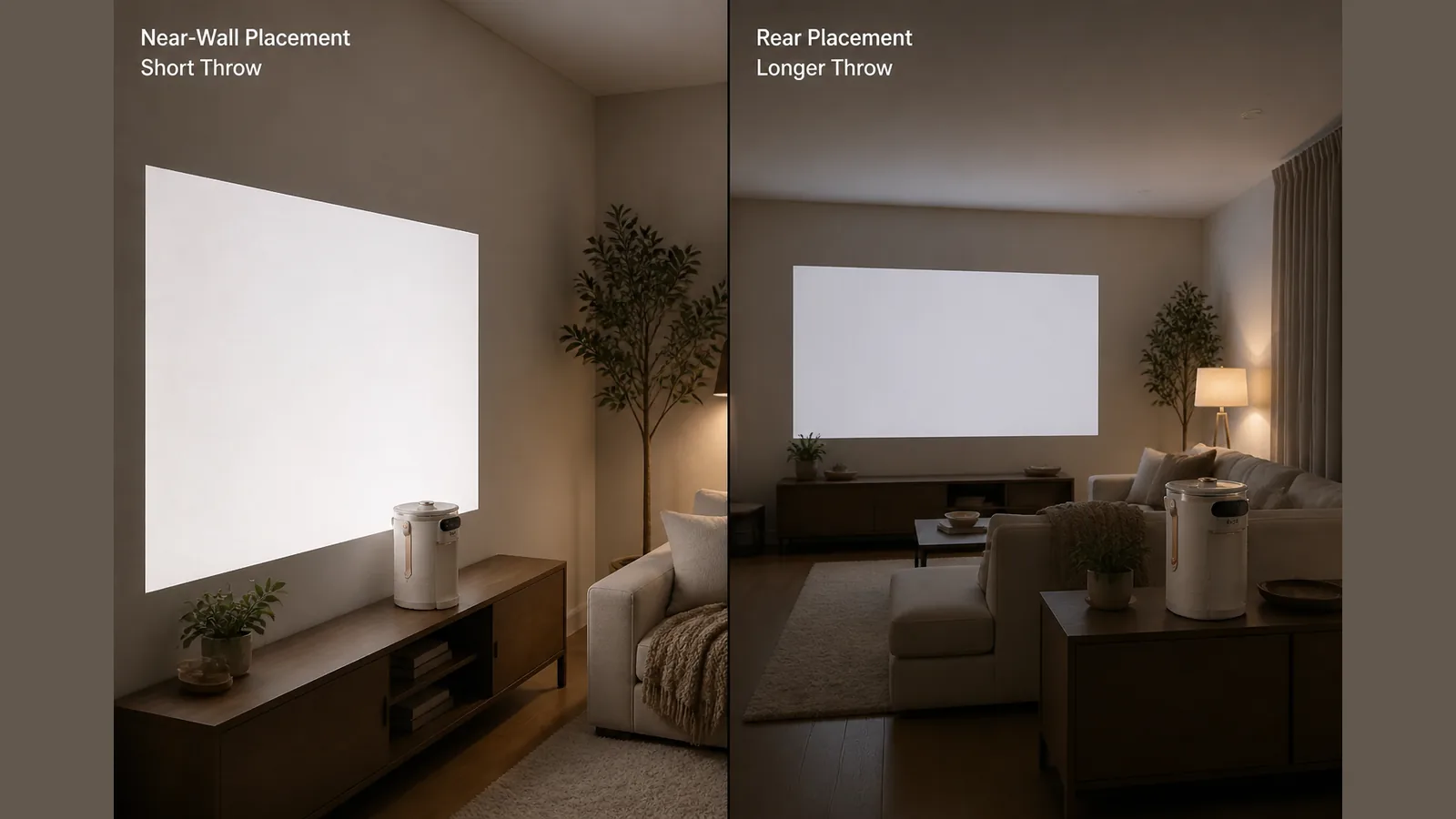 Comparison of short-throw near-wall placement and longer-throw rear placement in a UK lounge