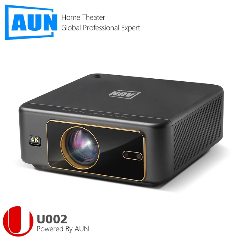 Compact black AUN U002 projector front view on a white background