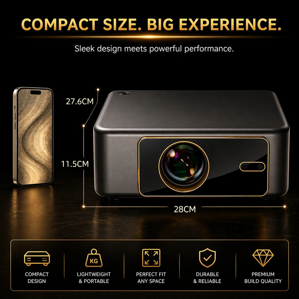 Compact projector size dimensions infographic with phone comparison