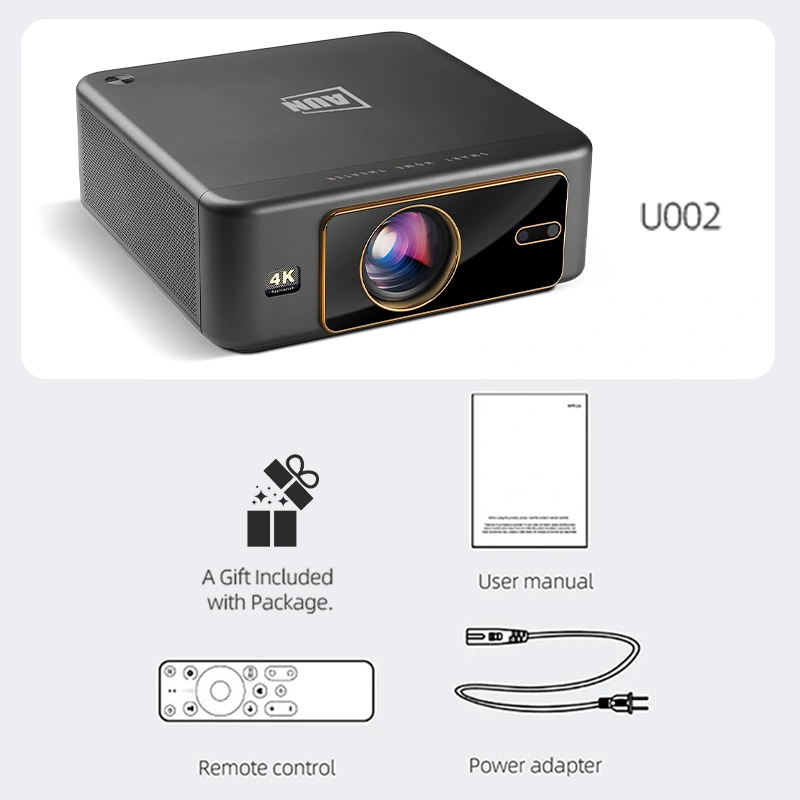 AUN U002 projector package accessories with remote and power adapter
