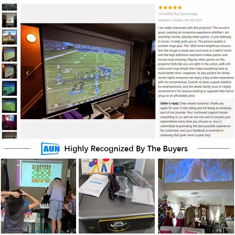 Buyer review collage showing projected images and customer feedback